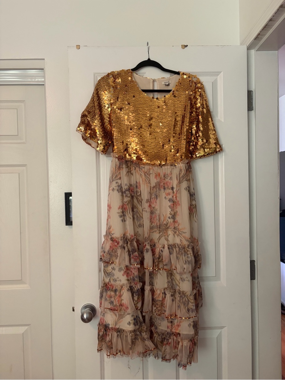 Gold Sequin Bodice Floral Maxi Dress